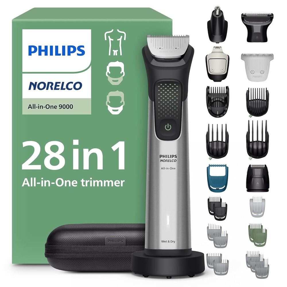 Norelco Philips All-in-One 9000 Series 28-Piece Trimmer - Electric Shaver and Clipper for Face, Beard, Head & Body, Self-Sharpening Full Metal Blades, 27 Length Settings (0.5-20 mm), MG9585/49