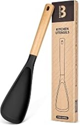 Cooking Spoon for Nonstick Cookwares, Great for Cooking and Serving Sturdy BPA-Free Matte Silicone, Wood Handle Spoon for Mixing, Scoop, and Scrape (BLACK, 13.4 inch)