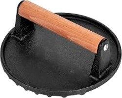Whaleme Smashed Burger Press, 7” Round Heavy-Duty Cast Iron Smash Meat Steak with Wooden Handle for Blackstone Griddle, Juicy and Crispy Burgers for BBQs, Cookouts
