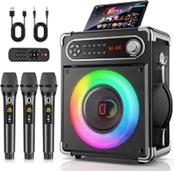 HWWR Karaoke Machine with 3 Wireless 0-Delay Microphones for Adults, Portable Bluetooth Speaker with 5.25" Woofer & 2" Tweeter, PA System Bass/Treble/Echo Control Supports TWS/FM/TV/AUX/USB/TF/REC