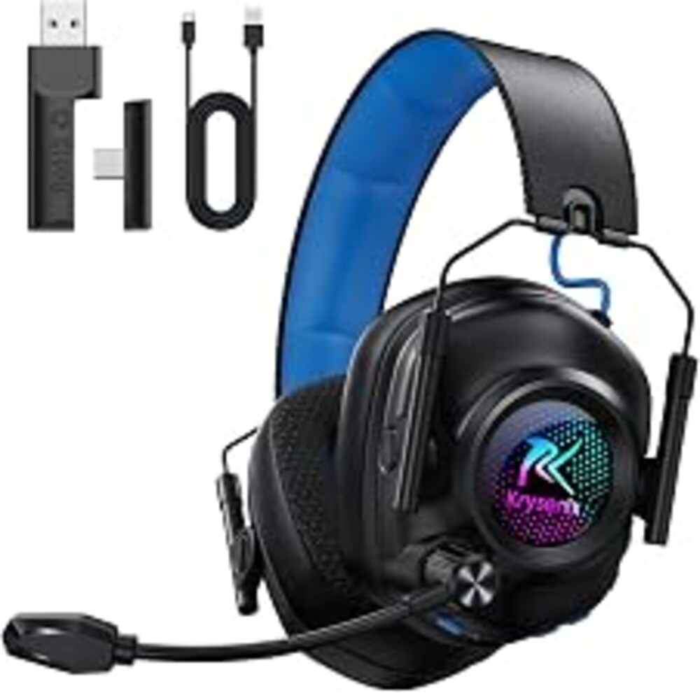 Krysenix Wireless Gaming Headset with Noise Canceling Microphone - Blue | For PC, PS5, PS4, Switch, Mac, 2.4 GHz Wireless & Bluetooth 5.4 Gaming Headphones,RGB Lighting,1200 mAh Battery,50mm Drivers