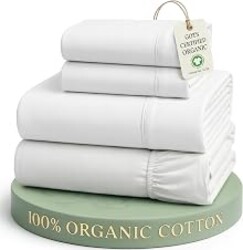 LANE LINEN Queen Sheets 100% Organic Cotton 4pc Percale Cooling - White | Queen Sheet Set, GOTS Certified Organic Cotton Percale - Crisp, Cool & Breathable, For Hot Sleepers, All-Season Comfort