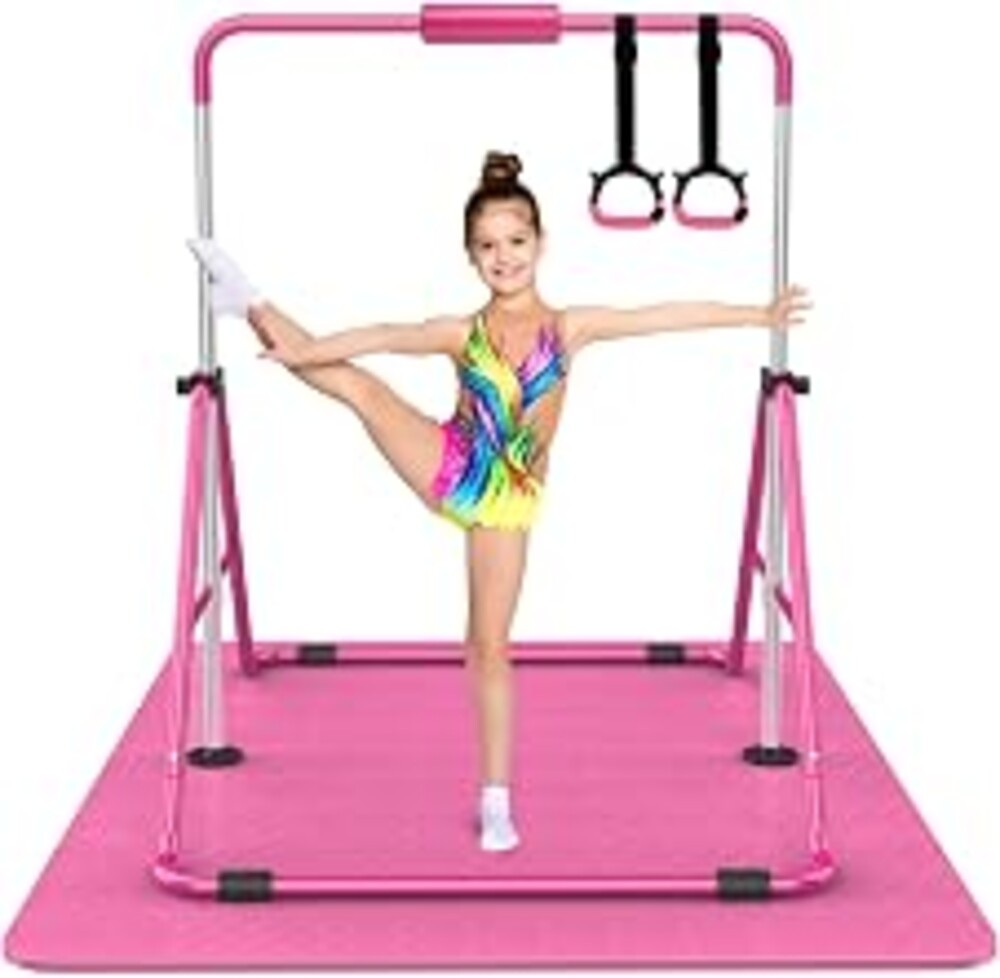 Tepemccu Gymnastics Bars, Adjustable Gymnastic Horizontal Bars for Kids | 5-Height Adjustable 34.8"-50.8", Foldable for Home Training, Include Children Gymnastics Rings and Bar Pad, Indoor Outdoor