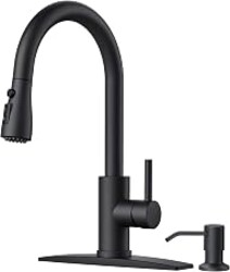 FORIOUS Black Kitchen Faucet, with Soap Dispenser and Pull Down Sprayer | High Arc Single Handle, Lead-Free Stainless Steel, 3 mode Sprayer, Classic Bar Sink Faucet for Outdoor Rv Laundry Camper