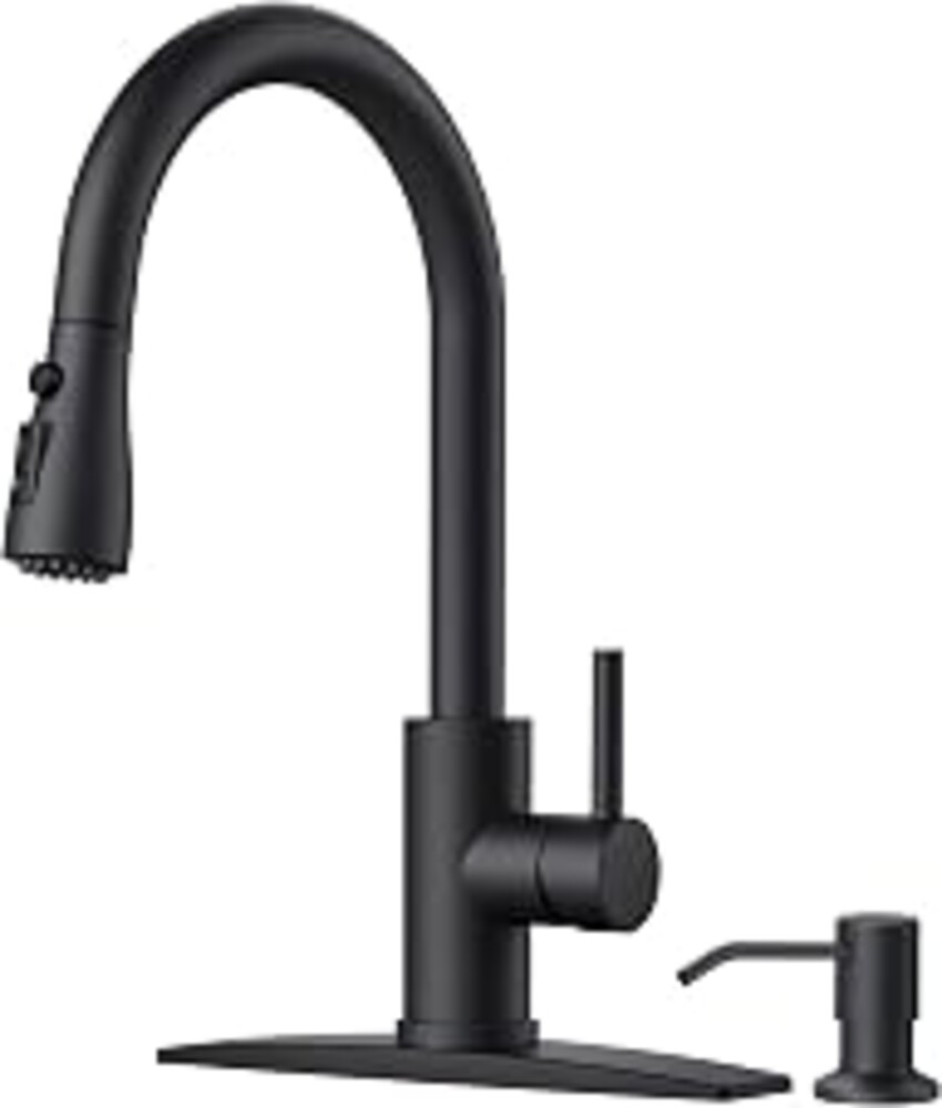 FORIOUS Black Kitchen Faucet, with Soap Dispenser and Pull Down Sprayer | High Arc Single Handle, Lead-Free Stainless Steel, 3 mode Sprayer, Classic Bar Sink Faucet for Outdoor Rv Laundry Camper