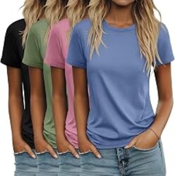 Ficerd 4 Pack Women's Cotton T Shirts | Casual, Short Sleeve, Tunic Tops, Crewneck, Plain, Loose Fit, Rolled Sleeve, Basic Tee, Summer