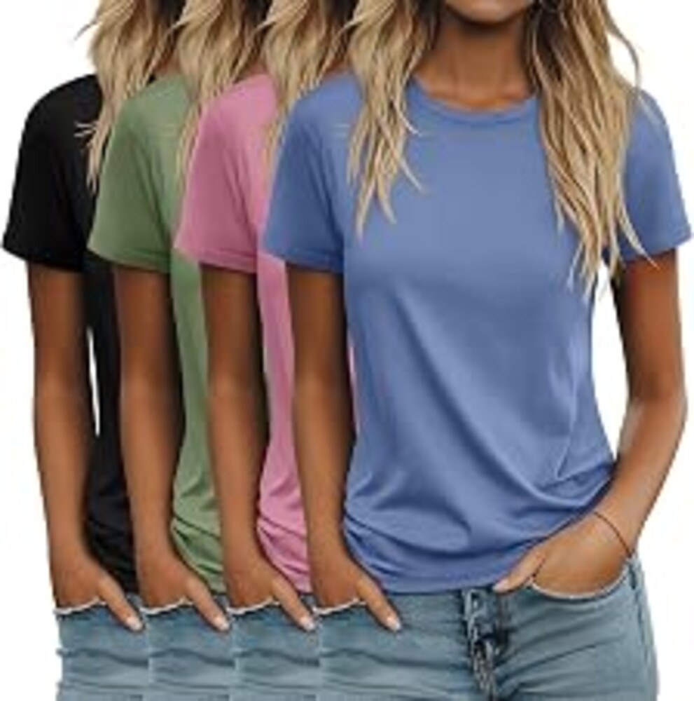 Ficerd 4 Pack Women's Cotton T Shirts | Casual, Short Sleeve, Tunic Tops, Crewneck, Plain, Loose Fit, Rolled Sleeve, Basic Tee, Summer