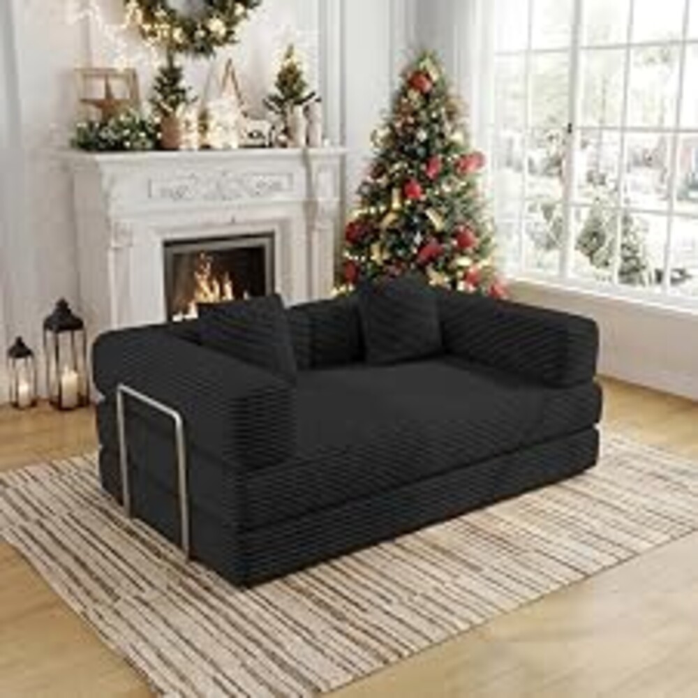 BSHOMGI 59 Inch Convertible Sofa Bed, 4-in-1 Futon Sofa Bed Pull Out Sleeper Couch, Modular Couches Bed for Living Room, Corduroy Boneless Loveseat for Bedroom, Apartment, No Assembly, Black, 2 Seat