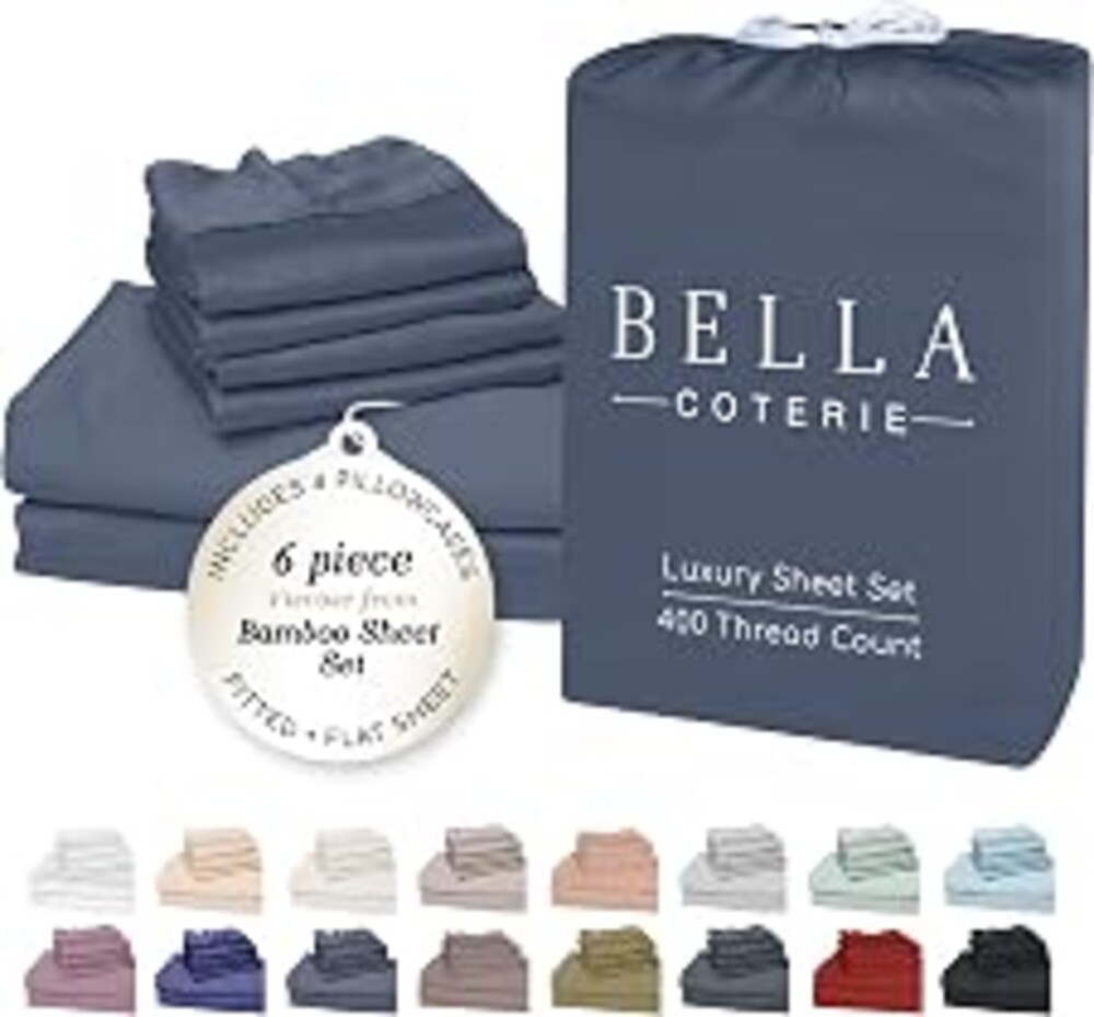 Bella Coterie 6 Piece Luxury Bamboo Viscose 34" Split Top King Sheet Set | Single 34" Split Fitted Sheet | Sleep Number & Adjustable Bed | Cooling | 18" Deep Pocket | 4 Pillowcases [Slate Blue]
