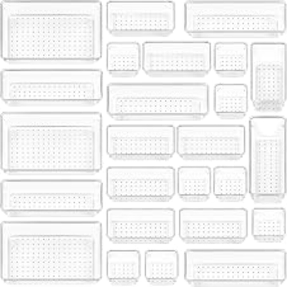 Vtopmart 25 PCS Clear Plastic Drawer Organizers Set, 4-Size Versatile Bathroom and Vanity Drawer Organizer Trays, Storage Bins for Makeup, Bedroom, Kitchen Gadgets Utensils and Office | 4-Size Versatile Makeup Organizer, Storage Containers Small Bins for Makeup, Jewelries, Bedroom, Kitchen Utensils and Office
