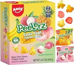 AMOS Peelerz Exotic Fruit Peelable Gummy Candy – 5 Fruit Flavors (Mango, Peach, Banana, Pineapple, Lychee), 8.47oz (240g), Individually Wrapped