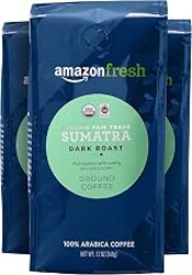 Amazon Fresh Organic Fair Trade Sumatra Ground Coffee, Dark Roast, 12 Ounce (Pack of 3)