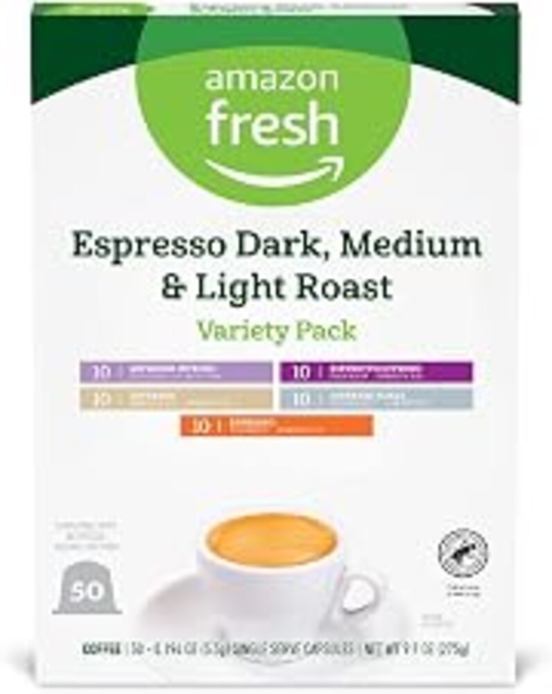 Amazon Fresh Espresso Dark, Medium & Light Roast Aluminum Capsules, Variety Pack, Compatible with Nespresso Original Brewers, 50 Count (5 Packs of 10)