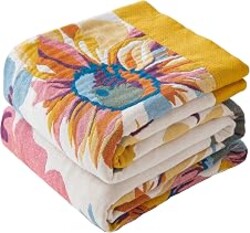 Phuryllic Boho Throw Blanket Twin Size, Soft Cozy Cotton Muslin Quilt Blanket for Bed Decor, Floral Patterned Couch Sofa Chair Cover, Vintage Farmhouse Cottage Tapestry Woven Blanket, Yellow&Blue