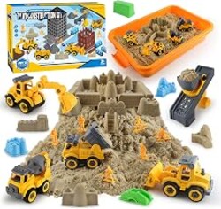 YIDESTARS Sensory Bin with Lid – 4 Take-Apart Trucks & 3lb Sand | Ages 3-6, 8 castle molds, 6 figures, fine motor skills, storage bin, gift for kids, indoor outdoor play