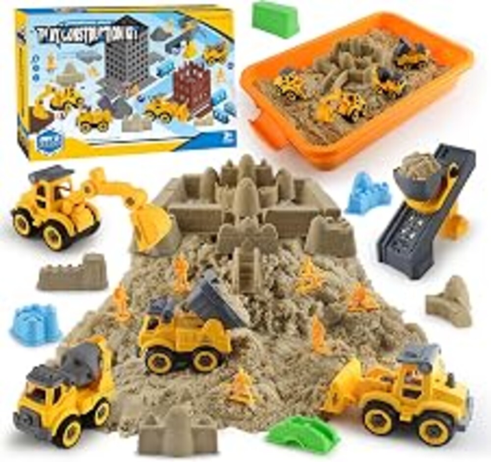 YIDESTARS Sensory Bin with Lid – 4 Take-Apart Trucks & 3lb Sand | Ages 3-6, 8 castle molds, 6 figures, fine motor skills, storage bin, gift for kids, indoor outdoor play