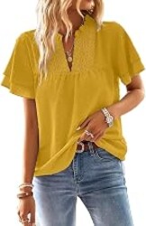 Falechay Womens Tops Butterfly Sleeve V Neck Blouses for Women Dressy Casual Flowy Swiss Dot Ruffle Short Sleeve Shirts