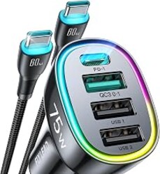 75W Car Charger USB C, 4 Port Super Fast Cigarette Lighter USB Charger, Type C 60W & QC 3.0 Multiport Car Phone Adapter Accessories for iPhone 17/16/15/14 Samsung S26 Series with 3.3ft 60W USB C Cable