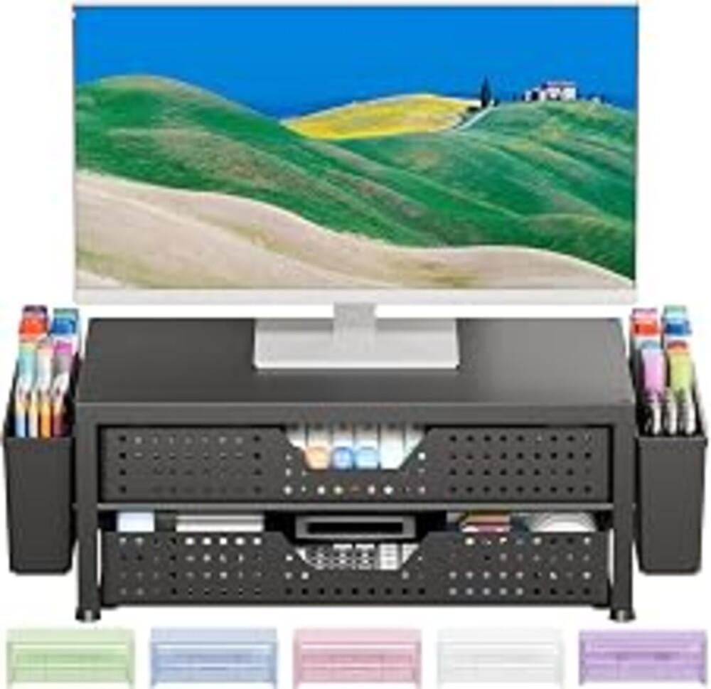 OPNICE Desk Organizer and Accessories, 2-Tier Computer Monitor Stand Riser with 2 Drawer and 2 Pen Holders, Laptop Stand, Office Desk Accessories for Office Supplies, Black Plastic