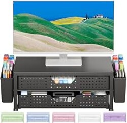 OPNICE Desk Organizer and Accessories, 2-Tier Computer Monitor Stand Riser with 2 Drawer and 2 Pen Holders, Laptop Stand, Office Desk Accessories for Office Supplies, Black Plastic