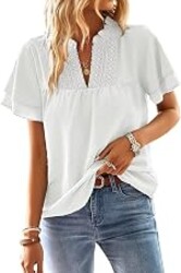 Falechay Womens Tops Boho Flowy Shirts Dressy Casual Short Sleeve Blouses | V Neck Loose Fit Blouses, Business Work, Hide Tummy, Lace Ladies Summer Outfits, Swiss Dot, Babydoll Crochet Trendy Clothes