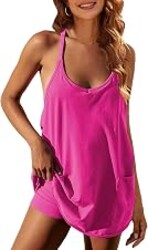 Zhiyouni Women's Summer Sleeveless Mini Dress V Neck Spaghetti Straps Athletic Built-in Shorts Sundress