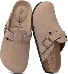 KIDMI Genuine Suede Clogs for Women Men Cork Footbed Mules Potato Shoes | Arch Support, Comfortable, Leather Slip On, Fall, Casual, Indoor Outdoor, Non-slip Rubber Sole, Adjustable Metal Buckle