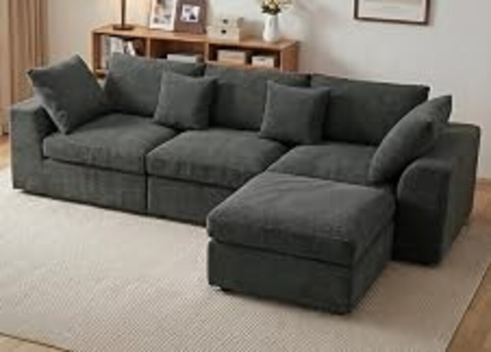 Benazcap 110'' Cloud Couch, L-Shaped Boneless Couch, Dark Grey | 3-Seat Sectional Couches for Living Room, Modular Sofa with Movable Ottoman, Deep Seat, Thick Cushion