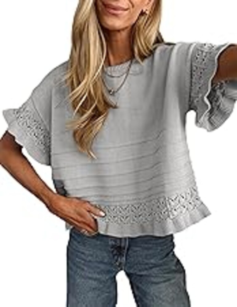 Yeokou Womens Short Sleeve Sweater Round Neck Ruffled Hem Knit Crochet Pullover Summer Fall Casual Top Blouse