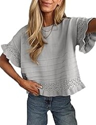Yeokou Womens Short Sleeve Sweater Round Neck Ruffled Hem Knit Crochet Pullover Summer Fall Casual Top Blouse