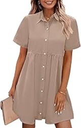GRAPENT Denim Dress for Women Babydoll Tiered Short Sleeve Button Down Jean Shirt Dresses