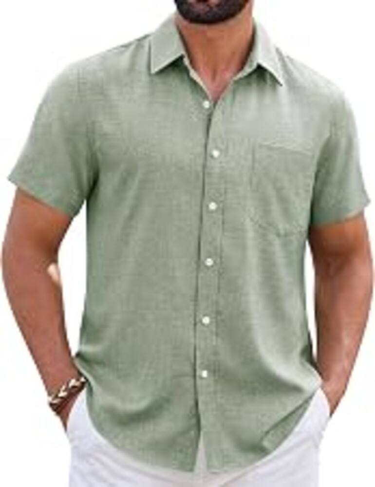 ROUWELL Mens Linen Shirt Short Sleeve Wrinkle Free Casual Untucked Button Down Shirts Beach Breathable Tops Summer