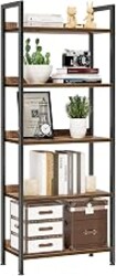 NUMENN Bookshelf, 5 Tier Freestanding Shelving Unit, Vintage | Metal Frame & Wood Shelves, Falling Prevention Baffle, Open Storage Bookcase for Bedroom, Living Room & Home Office