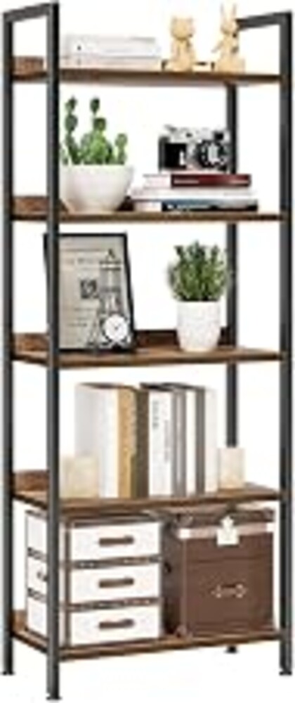 NUMENN Bookshelf, 5 Tier Freestanding Shelving Unit, Vintage | Metal Frame & Wood Shelves, Falling Prevention Baffle, Open Storage Bookcase for Bedroom, Living Room & Home Office