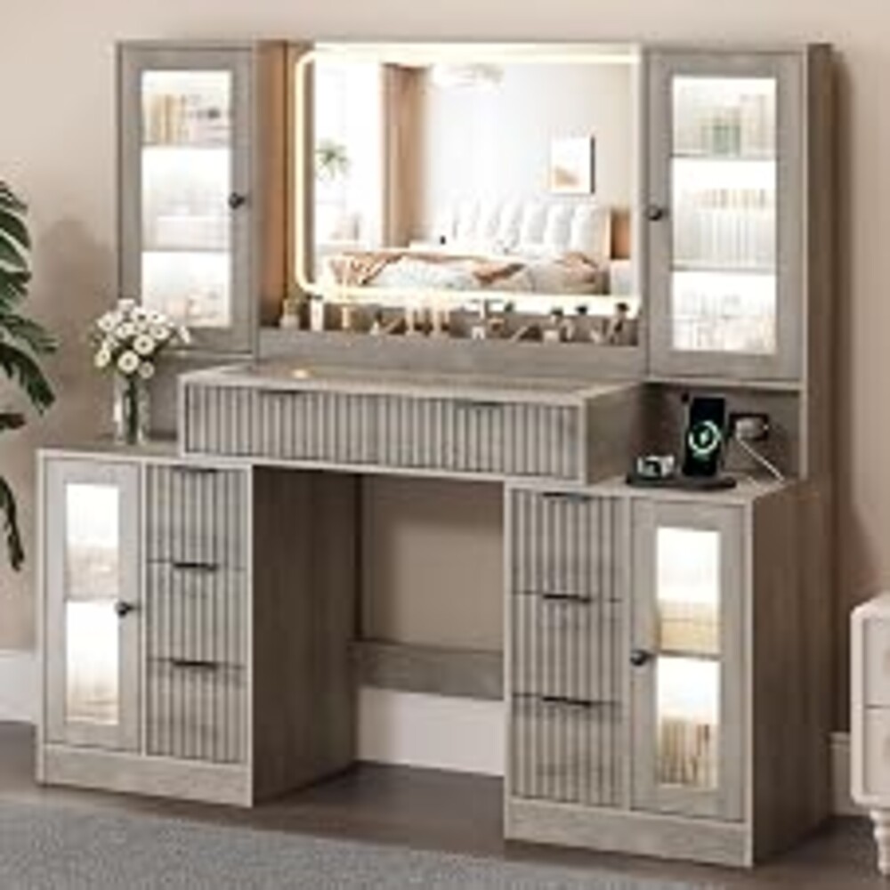 ANYMAPLE Fluted Vanity Desk with Mirror & Lights | 8 Drawers & 4 Cabinets, Tempered Glass Top, RGB Cabinet Lighting, 3-Color Dimmable Mirror, Charging Station