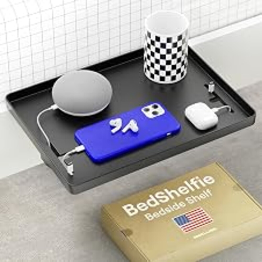 BedShelfie Bedside Shelf for Dorm Room - Cable Catch, Black | Bunk Bed & Top Bunk, College Dorm Room Essentials, Clip On Nightstand, Bed Side Table Tray, College Dorm Essentials