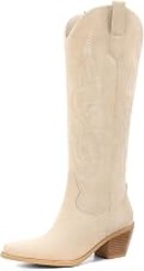 Pasuot Western Cowboy Boots for Women - Knee High Wide Calf Cowgirl Boots, Slip On Pointed Toe Chunky Heel Fashion Retro Classic Pull On Tall Boot for ladies Party concert