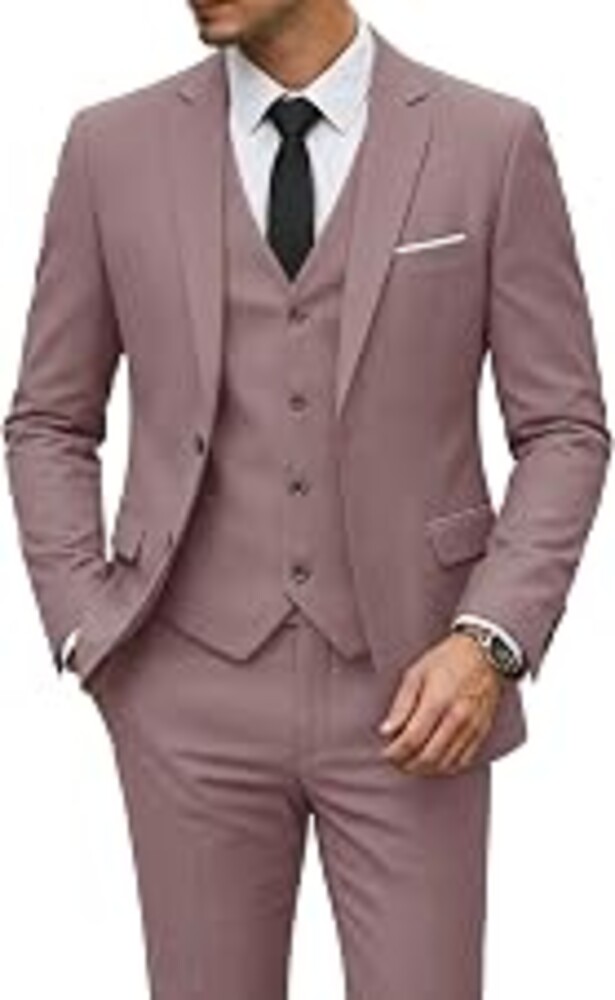 YND Men's 3 Piece Suit Set with Tie, 2 Button Slim Fit Solid Blazer Jacket Vest Pants, Business Wedding Party Suits for Men