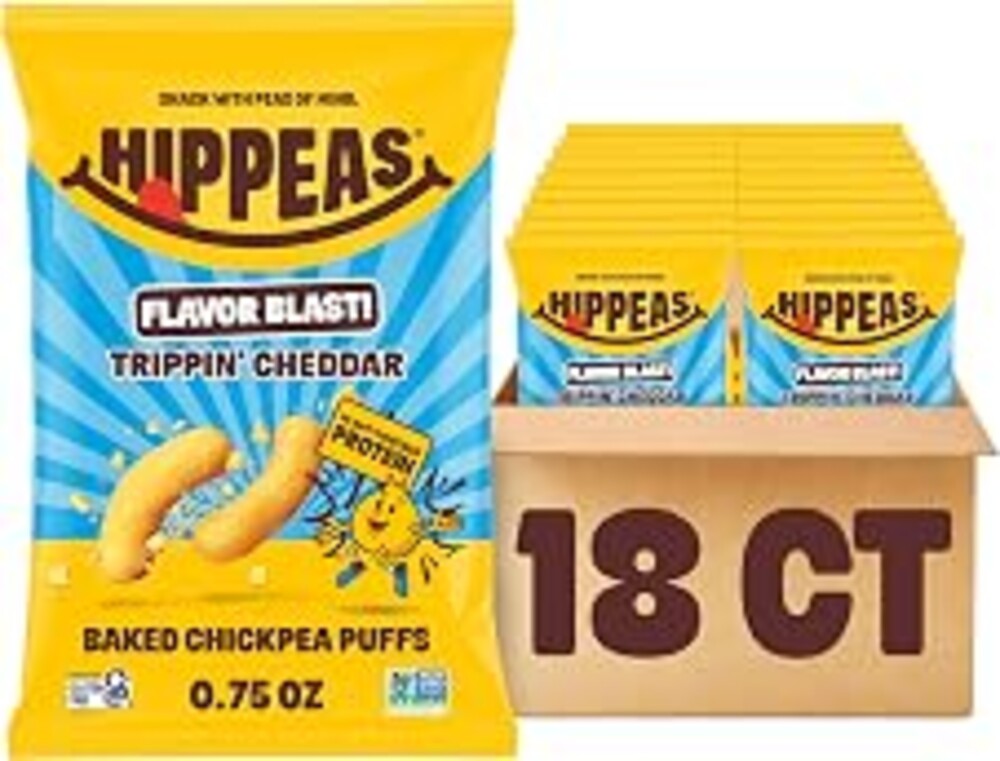 Hippeas Chickpea Puffs, Trippin’ Cheddar, 18 x 0.75 oz Bags, Baked Crunchy Chickpea Snacks with 3g Plant Protein, 2g Fiber & 40% Less Fat, Dairy & Gluten Free, Non-GMO, Top 9 Allergen Free