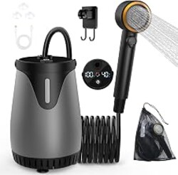 dessports Portable Camping Shower, 6000mAh Rechargeable Outdoor Shower Pump | 5 Speeds & 4 Spray Modes, 180min Runtime, Dual Washable Filter, Quiet Motor, Real-Time LED Display, J-Hook & Suction Cups