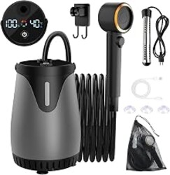 Dessports Portable Shower for Camping with Heater 6000mAh Long-Lasting Pump | 5 Speeds & 4 Spray Modes, 180min Runtime, Dual Washable Filter, Quiet Motor, Real-Time LED Display, for Camping Hiking RV Pet