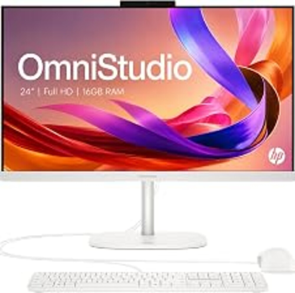 HP OmniStudio 24" Full HD All-in-OneDesktop Computer, 16GB DDR5 RAM, Intel Quad-Cores, 128GB SSD, WiFi6, Keyboard & Mouse, Windows 11