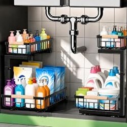 GeeBom Under Sink Organizer 2 Pack, Double Slide Out Metal Shelf, Black | Pull Out Kitchen Storage Cabinet Organizer, 2-Tier Under Sink Storage Rack for Bathroom Laundry Kitchen Storage with Drawer