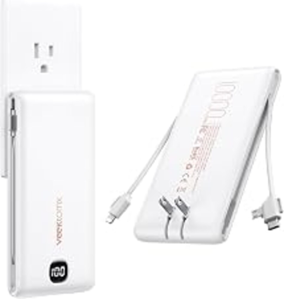 VEEKTOMX Portable Charger with Built-in Cables and AC Wall Plug, 10000mAh | Pocket-Size Travel Power Bank with USB-C and Micro-USB Cables for up to 4 Devices Including iPhone, iPad, Samsung and Kindle