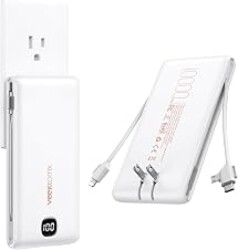 VEEKTOMX Portable Charger with Built-in Cables and AC Wall Plug, 10000mAh | Pocket-Size Travel Power Bank with USB-C and Micro-USB Cables for up to 4 Devices Including iPhone, iPad, Samsung and Kindle