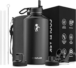 Coolflask 128 oz Gallon Water Bottle Insulated with Straw & 3 Leakproof Lid | Large Water Jug Stainless Steel Triple-Wall, Cold 48+h/Hot 24+h, Dishwasher Safe, BPA-Free, for Outdoor Gym & Hiking