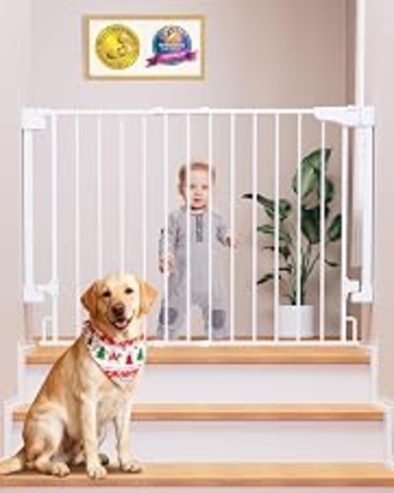 Cumbor 29.2–43" No Bottom Bar Baby Gate for Stairs, Auto Close Dog Gate | Hardware Mounted (Drill Required), Auto Close Pet & Toddler Proof with Wide Walk Thru Door, Top & Bottom of Stairways(Black)