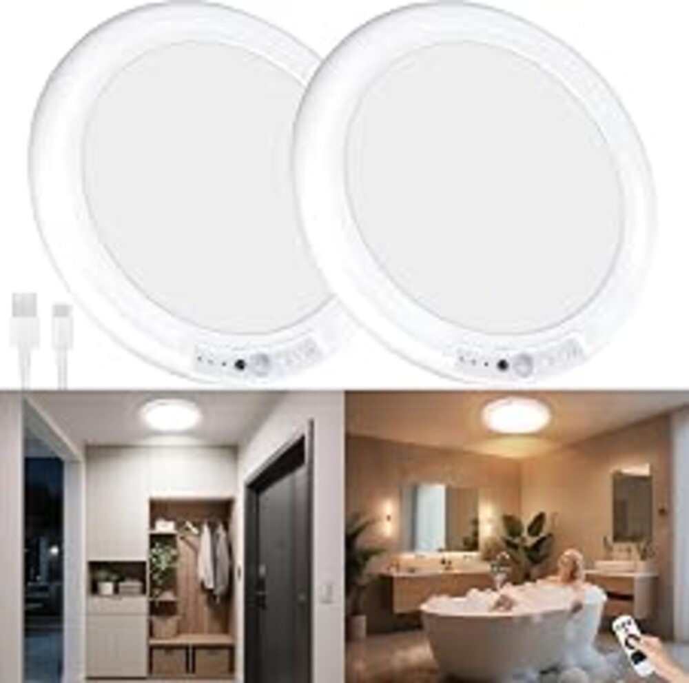 maylit 2 Pack Rechargeable Ceiling Lights with Motion Sensor | Wireless Battery-operated Lighting for Closets, Bathrooms, Hallways, Stairs and Pantries