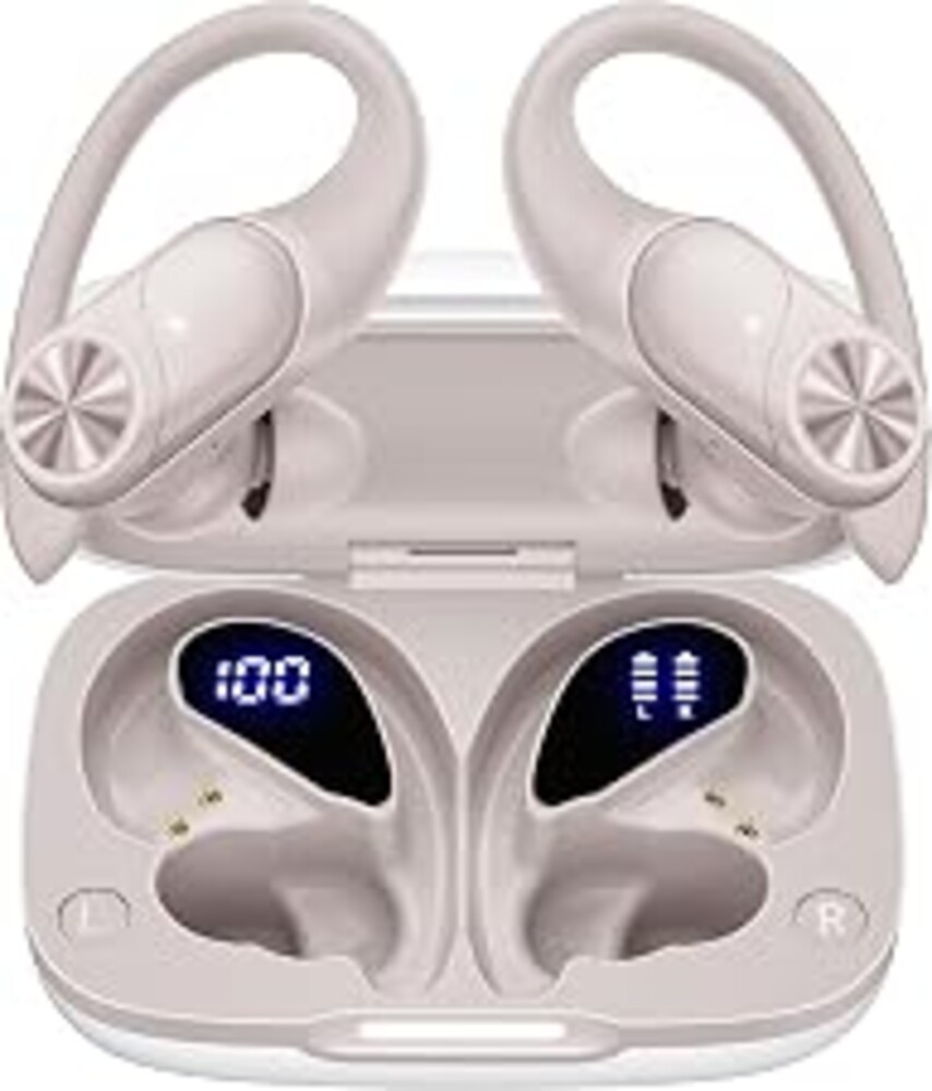 PocBuds Bluetooth Headphones Wireless Earbuds 80hrs Playtime Wireless Charging Case Digital Display Sport Ear Buds with Earhook Deep Bass IPX7 Waterproof Over-Ear Earphones for Phone Laptop Beige