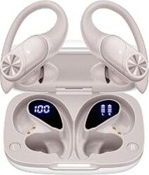PocBuds Bluetooth Headphones Wireless Earbuds 80hrs Playtime Wireless Charging Case Digital Display Sport Ear Buds with Earhook Deep Bass IPX7 Waterproof Over-Ear Earphones for Phone Laptop Beige